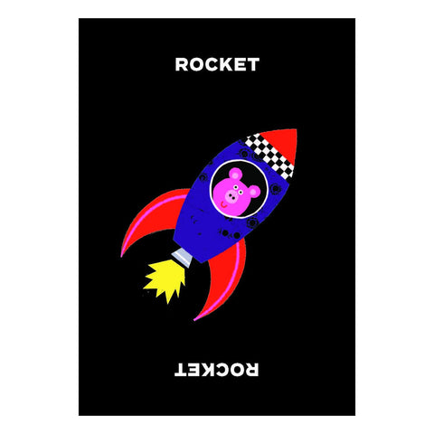 Colourful rocket design child's playing card on a black background with 'ROCKET' text.