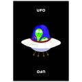 Child's snap playing card featuring a cartoon alien in a UFO on a black background with 'UFO' text.
