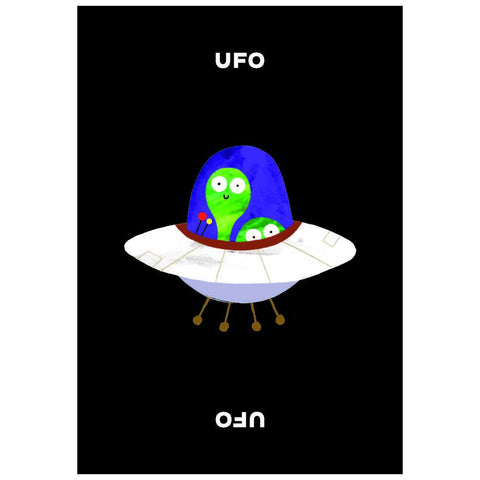 Child's snap playing card featuring a cartoon alien in a UFO on a black background with 'UFO' text.