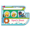 A children's book cover or board book featuring a cartoon boat illustration with the title 'Spot's Boat' and author name 'Eric Hill.' The cover shows a green boat with windows, a life preserver, a flag, and illustrated characters inside.