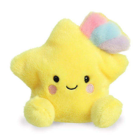 Yellow plush star toy with a rainbow on top against a white background