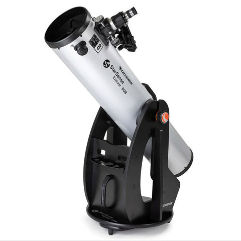 Silver telescope on black mount.