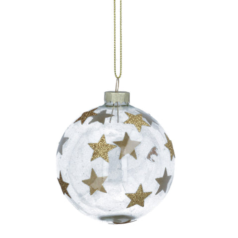 Clear glass ball ornament with gold star patterns 
