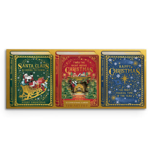 Set of 12 Christmas cards with three decorative book cover designs and gold foil lettering: Santa Claus Is Coming to Town, Twas The Night Before Christmas and Happy Christmas