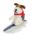 Felted dog figurine with a red scarf and surfboard 