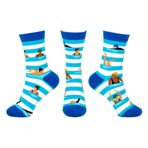 socks with striped design and people swimming on 