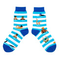 Pair of socks with blue and white stripes and illustrations of people in swimsuits on 