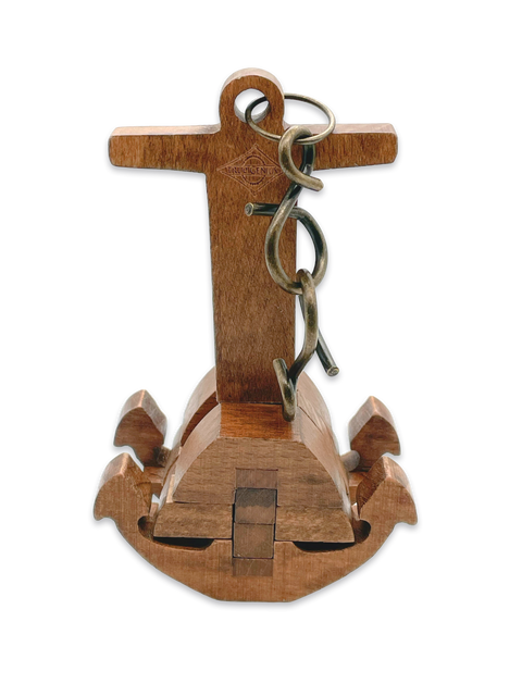 Wooden anchor with metal chain.