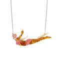 Necklace of a lady swimmer wearing a read and white stripe bikini in a diving pose 