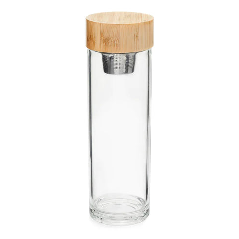 Tall glass bottle with wooden lid and metal infuser.