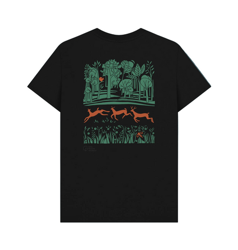 Black T-shirt with Greenwich Park design of trees and deer Back