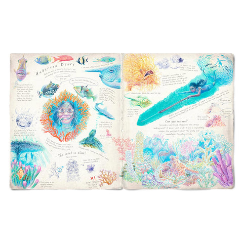 Open book with colorful underwater illustrations on a white background
