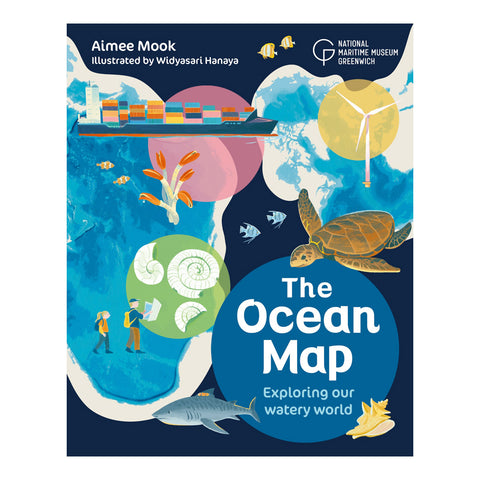 The Ocean Map Exploring our watery world book cover with illustrations of oceans, a shipping vessel and ocean animals