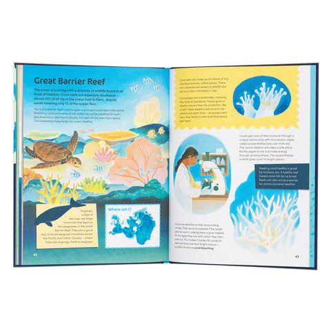 Open book showing illustrations of the Great Barrier Reef and a scientist, with text and graphics 