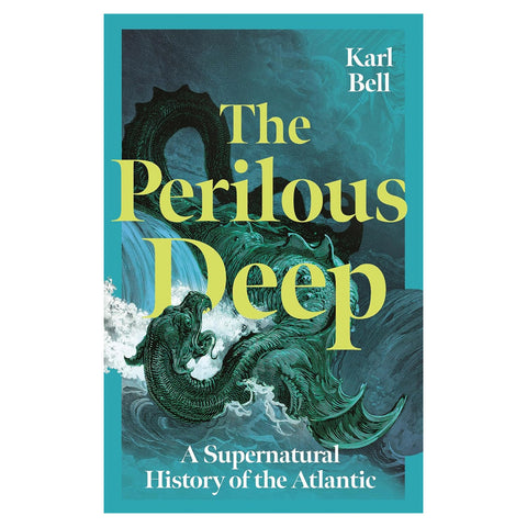 Book cover of 'The Perilous Deep' with a sea serpent illustration on a teal background