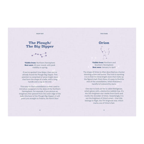 Educational page about constellations 'The Plough/The Big Dipper' and 'Orion' 