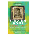Book cover of 'Finding Home: A Windrush Story' with a framed portrait on a green and blue background.