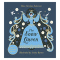 The Snow Queen book cover by Hans Christian Andersen, illustrated by Lesley Barnes, featuring a stylized snow queen in a flowing blue dress on a dark blue background with gold and white decorative details.