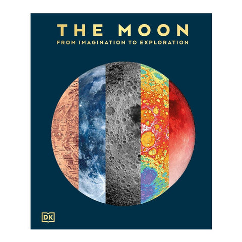Book cover of 'The Moon: From Imagination to Exploration' by DK with a colorful depiction of the moon's surface.