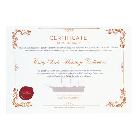 Certificate of Authenticity for a ceramic tile from the Cutty Sark Heritage Collection