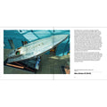 A printed book page featuring a large photograph of a silver speedboat on a museum display stand, with a large text block on the right titled 'Mis Britain III (1933)'.