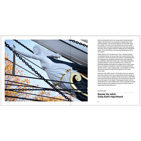 Book pages layout featuring a photograph of a white carved figurehead on a ship alongside a long text body titled 'Nannie the witch, Curty Sart's figurehead.'.