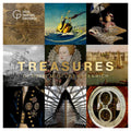 Book cover of 'Treasures of Royal Museums Greenwich' featuring a 3x3 collage of themed museum exhibits and artifacts, with large gold title text across the center.