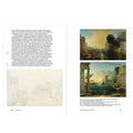 Book pages with classical painting illustrations and text 