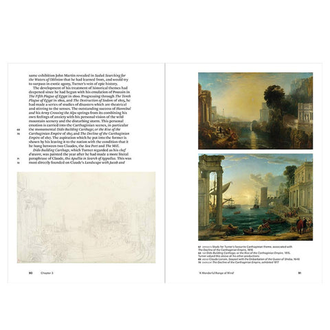 Book pages with classical painting illustrations and text 