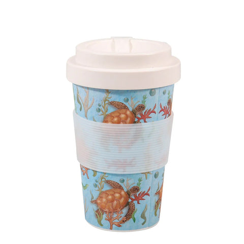 Reusable cup with ocean-themed design on a white background