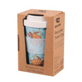 Recycled travel cup in eco-chic packaging on a white background