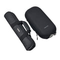 Black travel bag with a shoulder strap and a separate hard case
