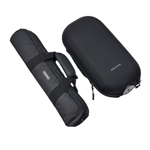 Black travel bag with a shoulder strap and a separate hard case