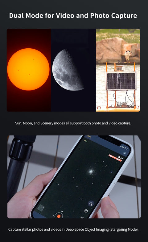 SeeStar S50 infographic showing solar photography, astrophotography and wildlife photography examples