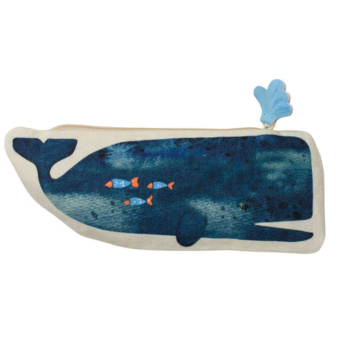 Whale-shaped pencil case with small fish on a white background