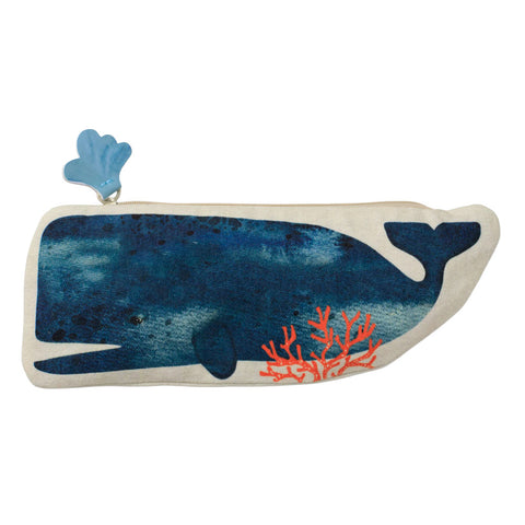 Decorative whale-shaped pencil case with coral and a small fish on a white background