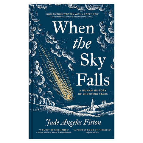 Book cover of 'When the Sky Falls' by Jade Angeles Fitton, featuring a dark blue background with white illustrated clouds, a yellow shooting star, and a small village scene at the bottom.