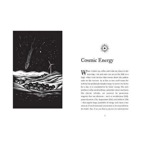 A book or magazine interior spread with a black-and-white illustration on the left and an article titled 'Cosmic Energy' with text on the right.