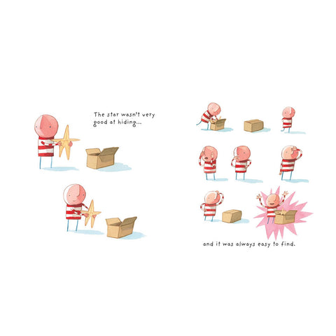 Illustration of a character searching for a hidden star, with text indicating the star's poor hiding skills.