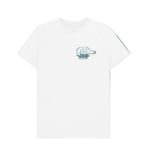 White Organic Cotton T-Shirt with a Ship in a Bottle design - front