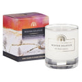 Winter Solstice scented soy wax candle by English Soap Company, shown as a clear glass jar candle next to its illustrated packaging box.