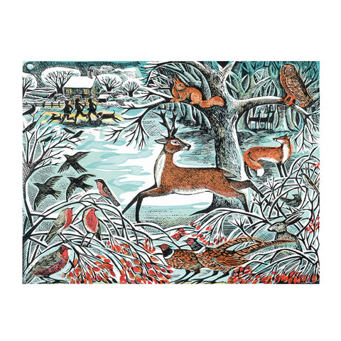 Illustration of animals in a snowy forest scene with deer, fox, and birds.