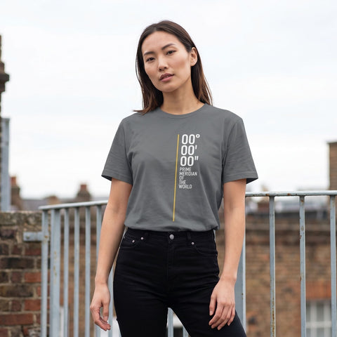 Woman wearing a gray t-shirt with text on it, standing on a rooftop with brick walls and railings.