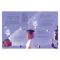 An educational activity booklet page titled 'HOW LUNAR PHASES WORK' with a purple background, featuring cartoon illustrations of people, moon phases, and explanatory text arranged around a central figure.