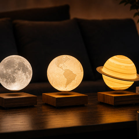 Three glowing 3D moon and planet models on wooden bases, displayed on a dark wooden table in front of a dimly lit couch.