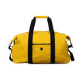 A yellow duffel bag with black handles, a black front zipper pocket, and a black side strap