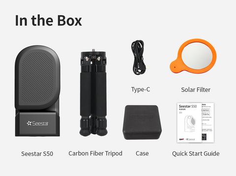 List of items included in a box with Seestar S50, Carbon Fiber Tripod, Case, Type-C cable, Solar Filter, and Quick Start Guide.