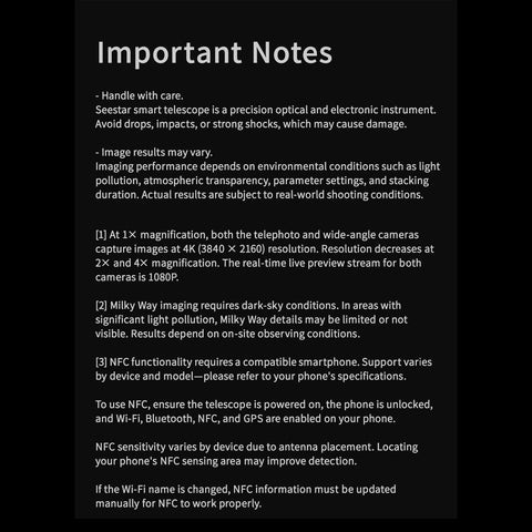 A black information panel with white text titled 'Important Notes' listing handling instructions, image variability, camera resolution details, Milky Way imaging requirements, and NFC usage notes.