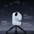 A white and black ZWO S50 Pro portable digital telescope on a small tripod stand, set against a dark starry background with feature callouts reading Portable, Smart, and Easy-to-use.