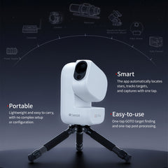 A white and black ZWO S50 Pro portable digital telescope on a small tripod stand, set against a dark starry background with feature callouts reading Portable, Smart, and Easy-to-use.